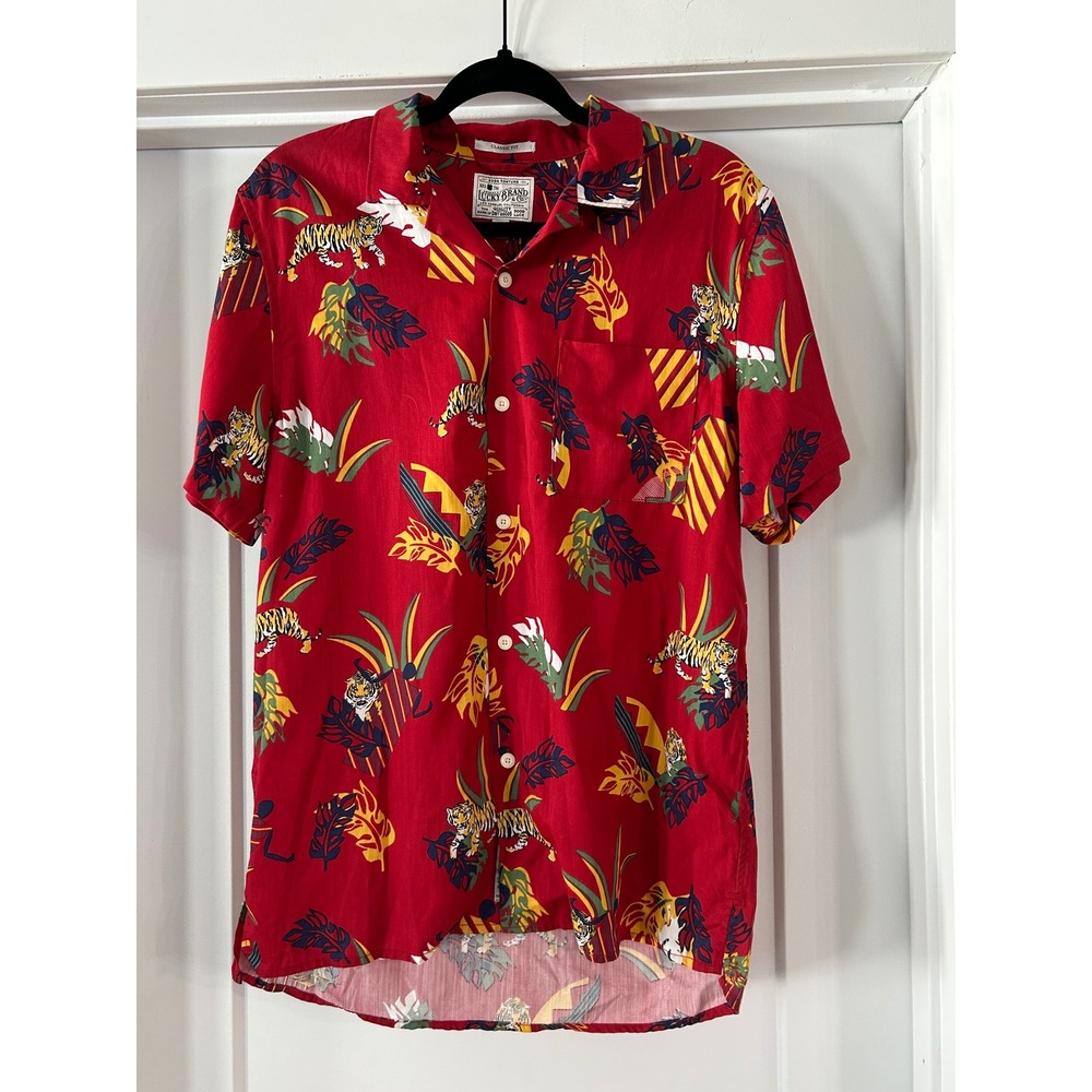 Lucky Brand Mens Small Red Tiger Tropical Print Short Sleeve Button Down Shirt